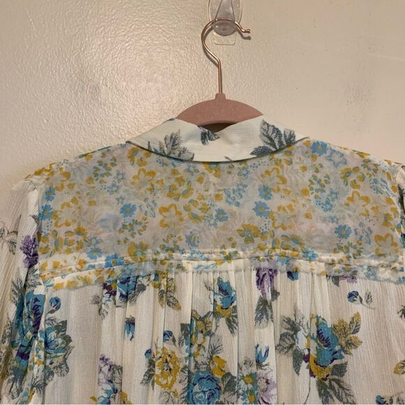 Free People Hold On To Me Cream Blue Floral Long Sleeve Button Down Blouse xs - Picture 7 of 11